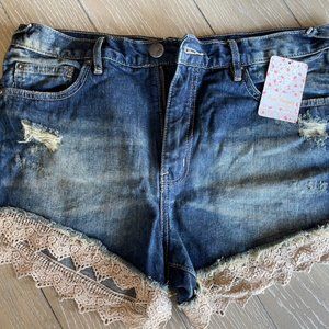 Free People Lace Trim Denim Shorts NWT